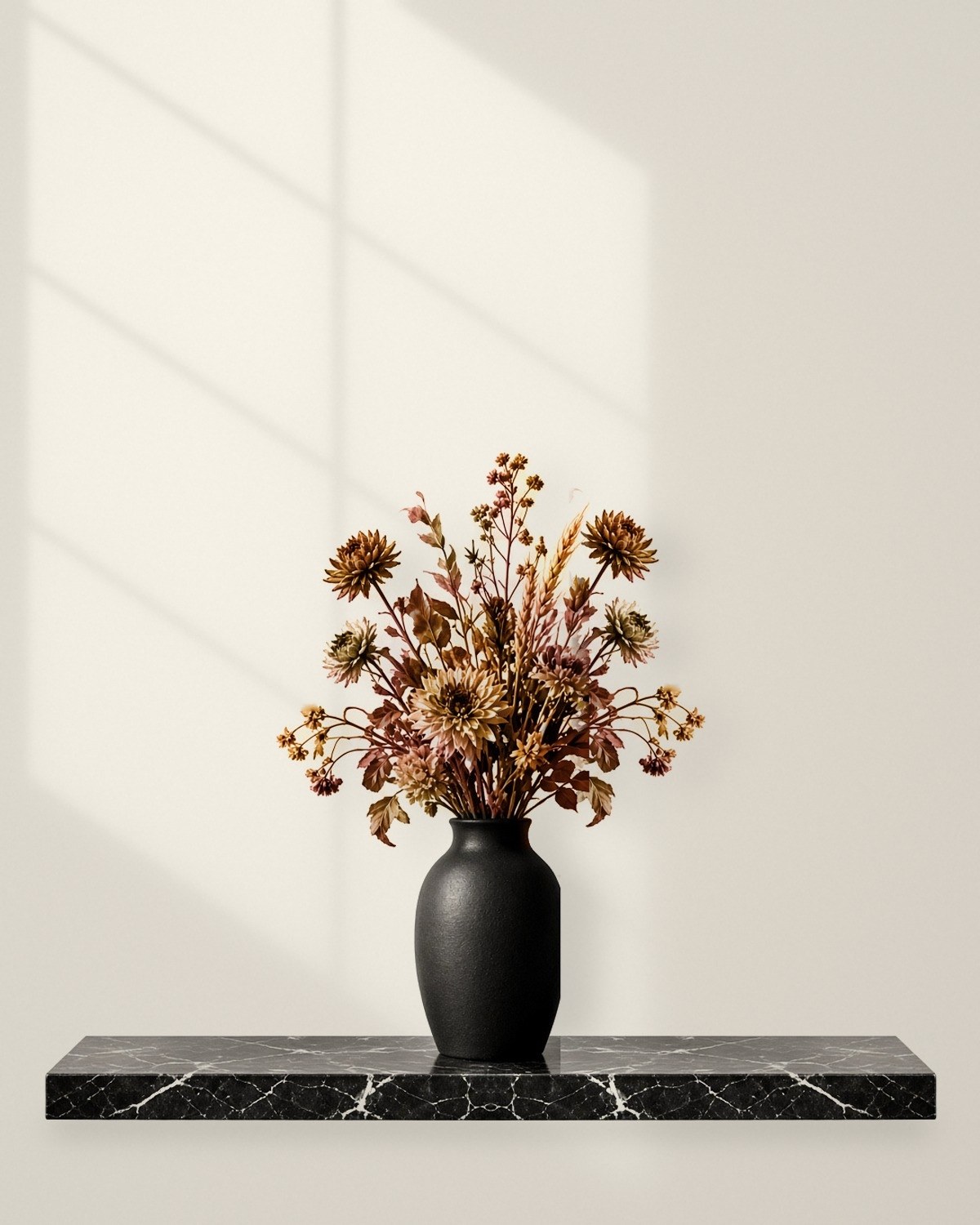 Dried autumn botanicals in a black vase on a black marble shelf, in soft window light