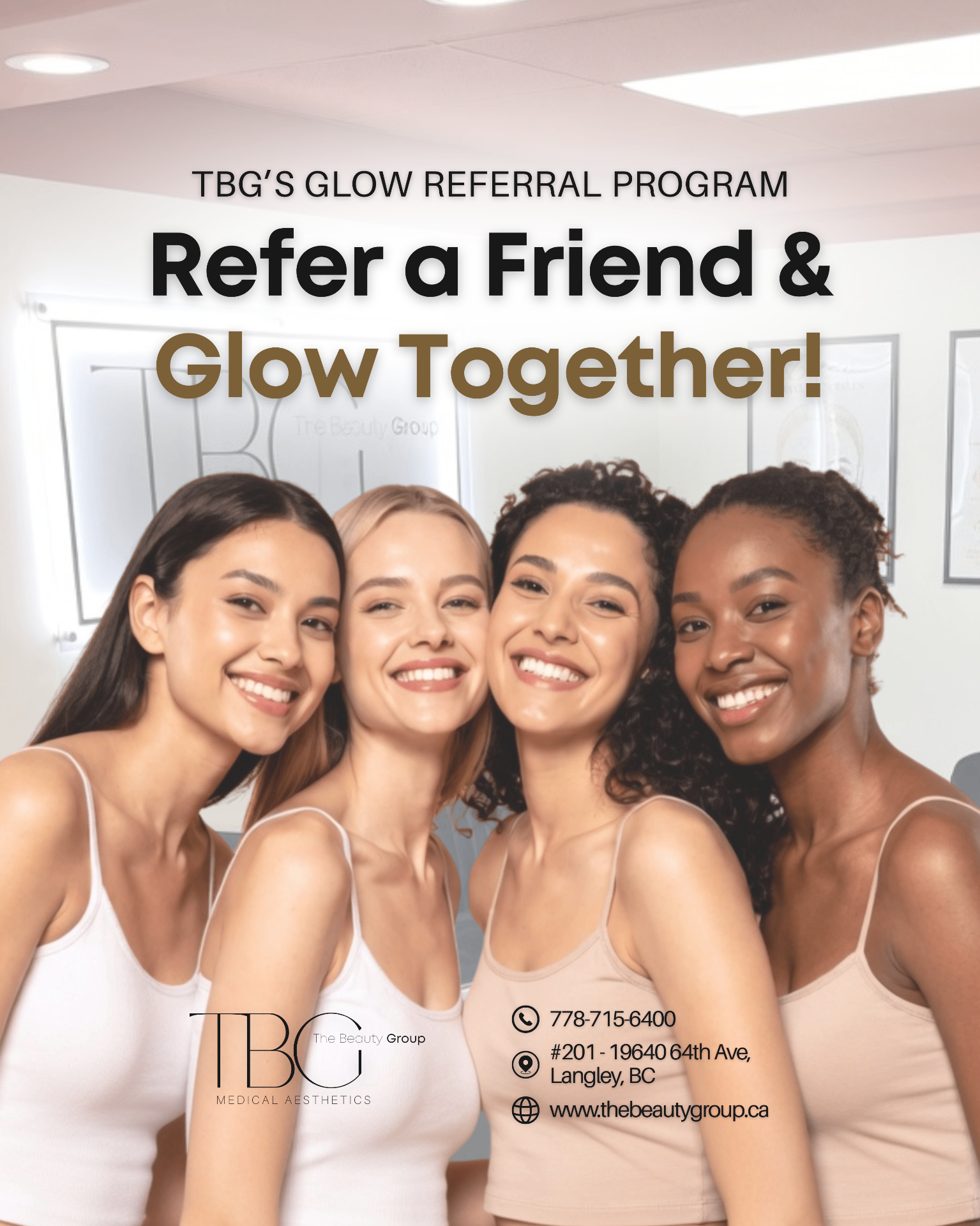 Four friends smiling together — TBG Glow Referral Program